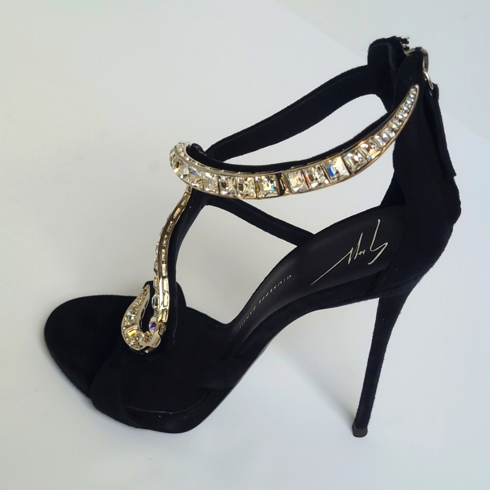 Giuseppe Zanotti Venere Crystal Suede Open Toed Heels - Picture 4 of 12